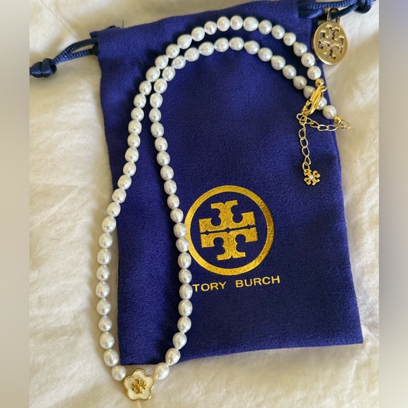 Tory Burch Jewelry - New Tory burch  Pearl Necklace with clover Gold logo accent